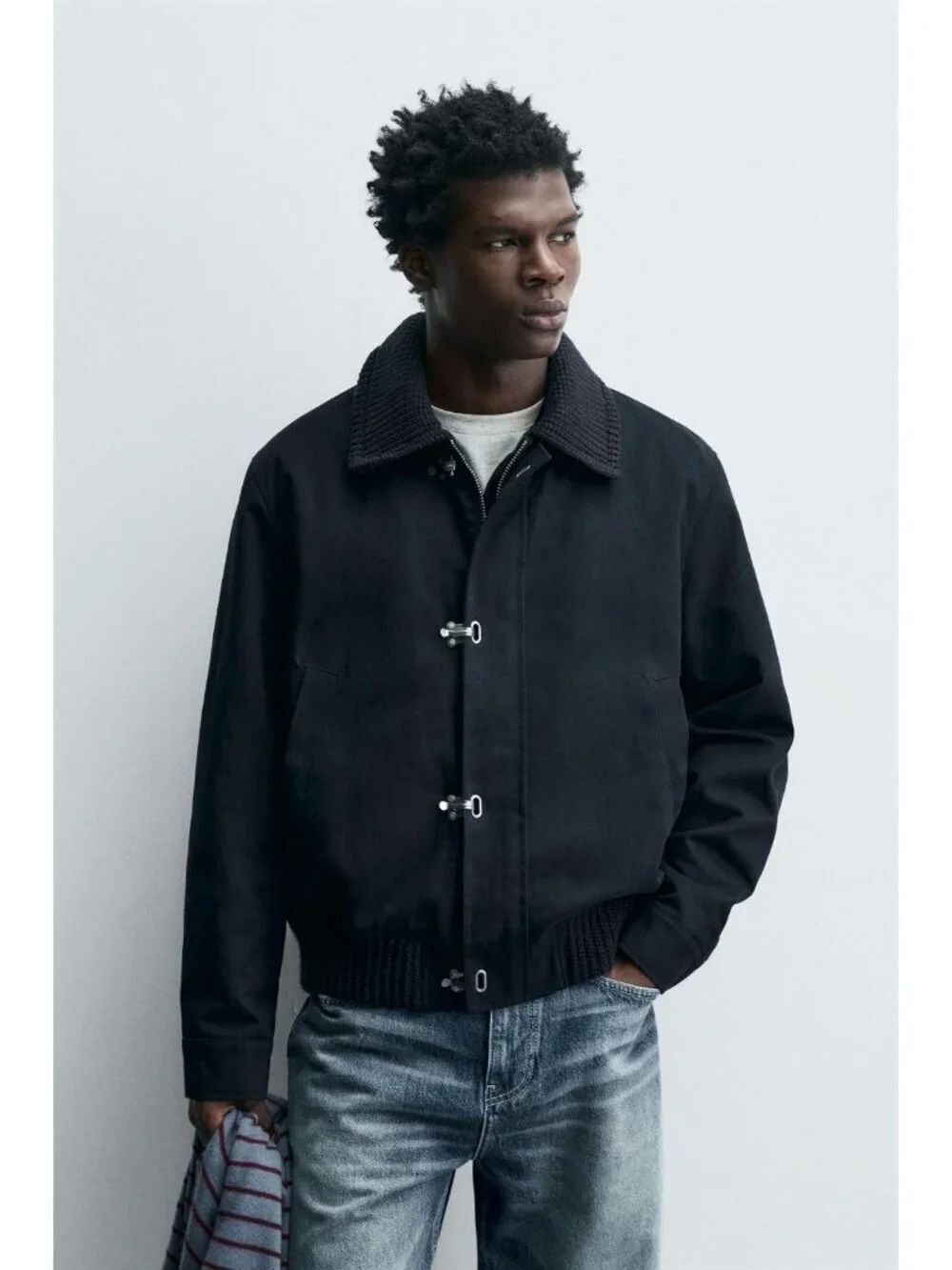 Zara Mens Toggle Jacket with Contrast Lapel Collar Large Navy Blue 3918/210 NWT